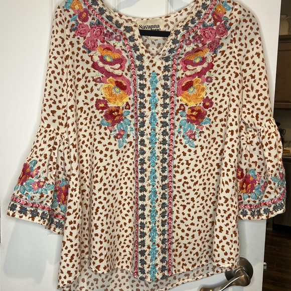 Savanna Jane Tops - Savannah Jane Women's Floral Embroidered Blouse - Pink, Blue, Orange